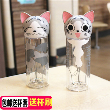 包邮起司猫双层玻璃杯 创意可爱猫头透明水杯子卡通动物耐热防漏