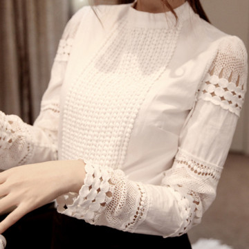 春秋镂空女式衬衫2016新款韩版时尚长袖棉白衬衣修身显瘦立领上衣