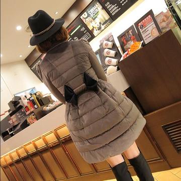 2015冬新款韩版女装金丝绒蝴蝶结可爱单排扣中长羽绒棉衣棉服外套