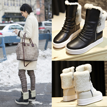 欧美新款羊毛真皮厚底雪地靴潮 冬季内增高加厚短靴平底中筒女靴