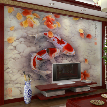 中式富贵鲤鱼壁画壁纸壁画 客厅电视背景墙酒店大堂装修 经典风格