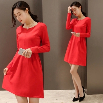 2015冬季新款韩版修身显瘦v领打底长袖连衣裙气质红色婚礼服女装