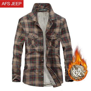 Afs Jeep/战地吉普秋冬加绒长袖衬衫男士 格子衬衫加厚保暖男衬衫