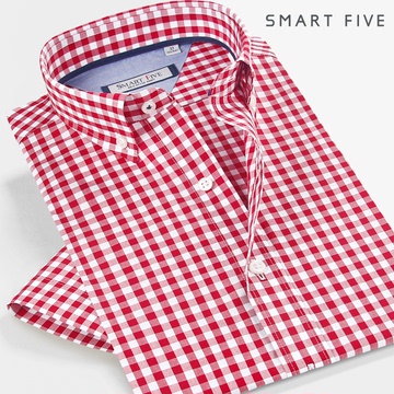 SmartFive 夏季红白格子衬衫修身韩版衣服时尚男短袖港风格子衬衣