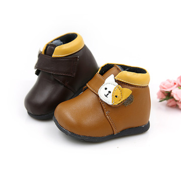 2015冬季新款男宝宝学步棉鞋 黑黄棕色防滑卡通小狗婴儿软底鞋子