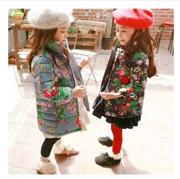 2015冬款韩国童装羽绒棉女童花朵加厚中长款儿童棉袄棉服