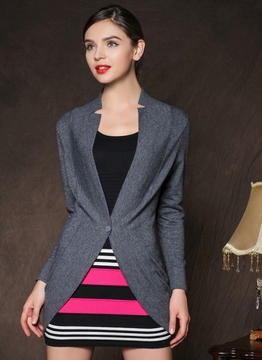 2015春装新款长袖立领宽松羊绒开衫外套休闲时尚针织衫女韩版中长