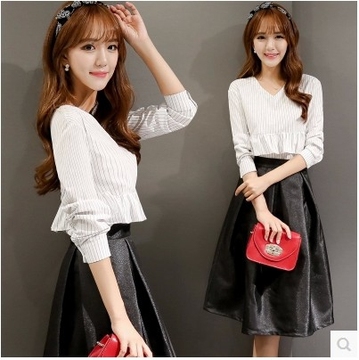 2015秋季新款韩版女装条纹长袖上衣中长款半身裙淑女两件套连衣裙
