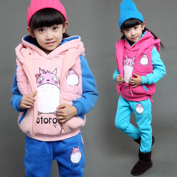 女童龙猫卡通套装冬季童装2015新款儿童中大童卫衣加厚休闲三件套