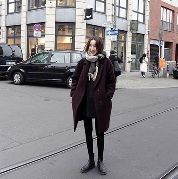 韩国代购2015冬装复古宽松显瘦中长款BF版茧型宽松羊毛呢大衣外套