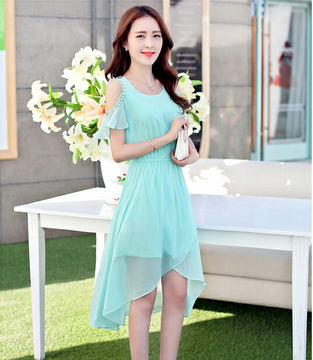 夏季新款女装 韩版气质纯色开叉露肩雪纺连衣裙 短袖显瘦修身裙子