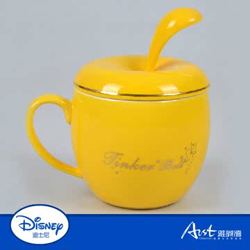 迪士尼 仙女创意陶瓷杯子 马克杯 炫彩苹果色釉杯 带盖带勺