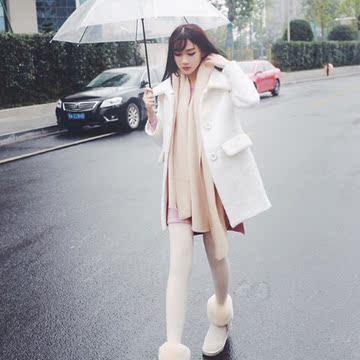 毛呢大衣2015韩版新款厚实加棉羊毛呢宽松胖MM白色呢料女外套