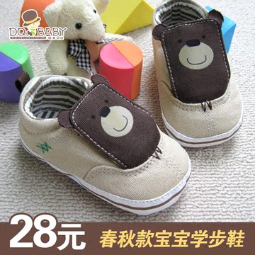春秋款宝宝学步鞋男软底透气单鞋0-1岁婴儿防滑卡通小熊帆布鞋子