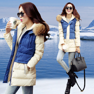 2016冬季韩国新款时尚大毛领中长款毛领羽绒服修身撞色拼接女外套
