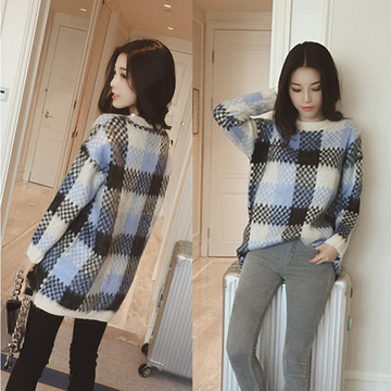 2015冬季新品 韩版宽松厚实拼色格纹针织套头毛衣 A14