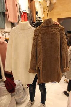韩国东大门代购2015秋冬新品女高领显瘦长袖针织毛衣中长款