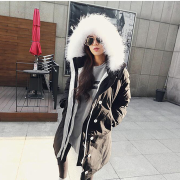 2015韩国女装新款 高端白狐狸毛领 加厚长款外套棉衣棉服