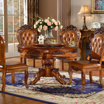 欧式圆餐桌椅组合 美式餐桌 圆形餐桌转盘圆桌实木圆餐桌橡木862