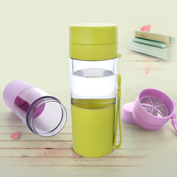 私家良品夏天简约塑料便携水杯 创意双层隔热防漏杯子带茶隔水壶