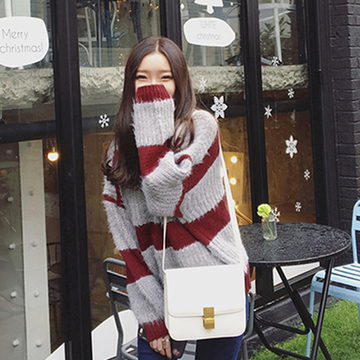 2015 秋冬装新款韩版拼色条纹毛衣宽松套头毛线衫女装
