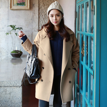 2015冬季新款韩版中长款双排扣毛呢外套女韩国学院风修身呢子大衣
