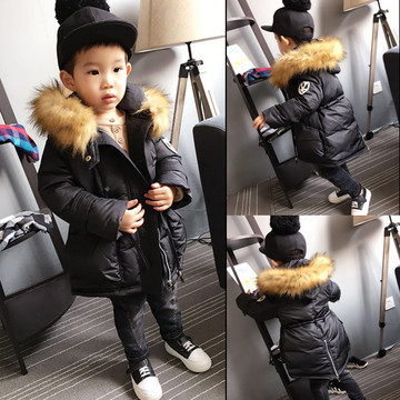 儿童棉衣男童外套加厚韩版童装冬装连帽毛领中长款宝宝加棉风衣潮