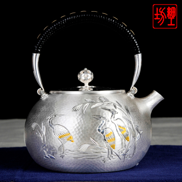 细工坊银壶纯银999烧水壶纯银茶壶纯手工一张打日本银壶仙鹤戏水