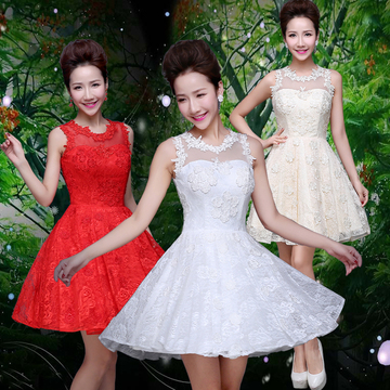 伴娘礼服2015春季新款韩版蕾丝短款修身双肩新娘敬酒服订婚晚礼服