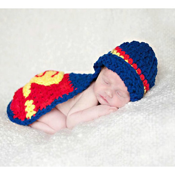 欧美手工毛线小超人帽子百天拍照宝宝摄影服装满月婴儿道具