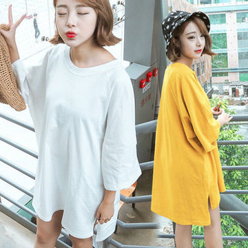 韩国宽大版女装纯白蝙蝠衫裙不规则韩版夏装长款学生罩衫中袖T恤