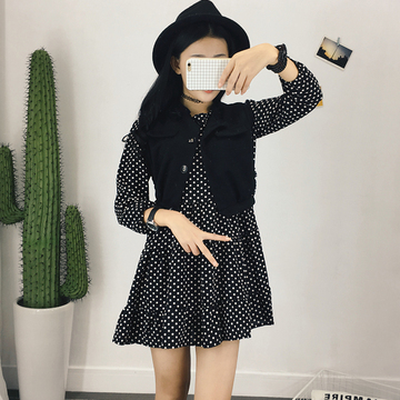 2015冬季新款韩版马甲+连衣裙两件套 波点花纹两件套连衣裙