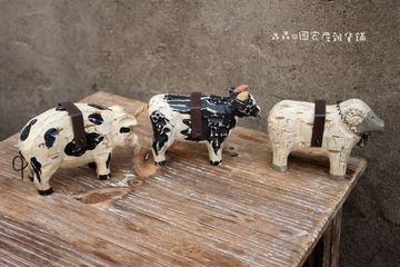 木质手工雕刻彩绘复古做旧生肖猪牛羊儿童房古董娃娃家居装饰摆件