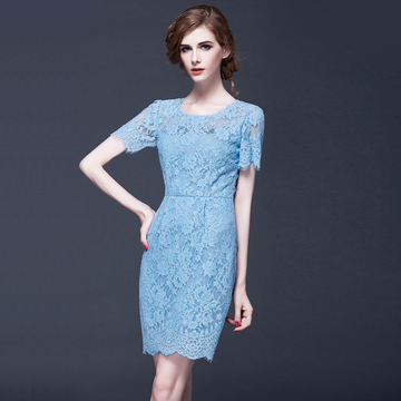 2016春夏装新款欧美蕾丝连衣裙 修身包臀裙 短袖睫毛蓝色大码裙子
