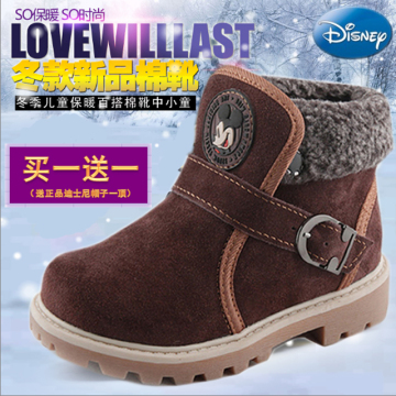 Disney迪士尼儿童雪地靴  男童短靴子2016冬季真皮马丁靴潮棉皮鞋