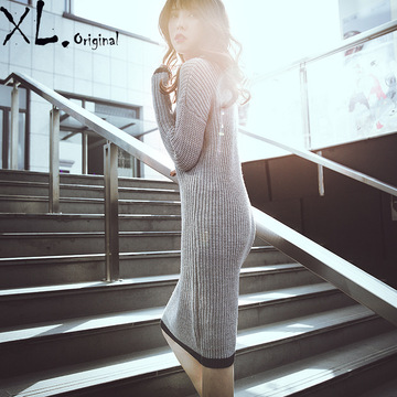 2016春季女装针织衫韩版纯色长款修身显瘦针织连衣裙XY1546003