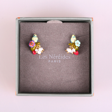 代购Les Nereides珐琅彩釉镶钻花朵小鸟珍珠耳钉耳环 女耳饰品