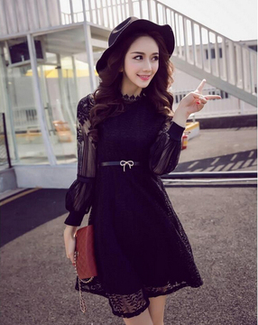 2016春冬装新款女装韩版时尚修身女士长袖蕾丝打底衫中长款连衣裙