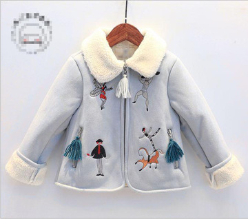 2016冬季女童新款卡通刺绣麂皮绒翻领羊羔毛外套
