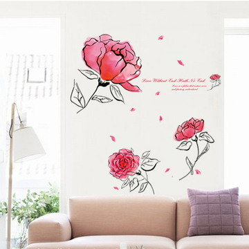 中式水墨风玫瑰花墙贴画贴纸浪漫温馨唯美客厅卧室婚房家居装饰