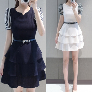 2016夏装新款女装韩版气质淑女收腰显瘦打底裙短袖雪纺连衣裙女