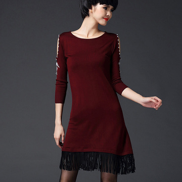 SUMI女装2015新款中长款修身钉珠流苏针织打底裙毛衣连衣裙秋长袖