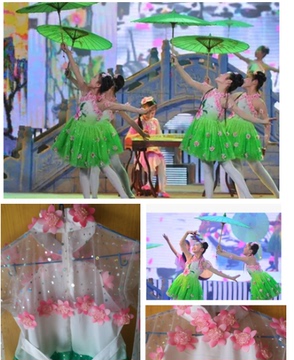 六一新款儿童现代舞演出服装 好一个江南桃花雨舞蹈 古典亮片纱裙