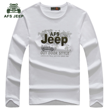 Afs Jeep/战地吉普男士春季薄款圆领长袖T恤 宽松印花套头T恤衫棉