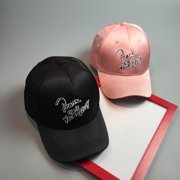 韩国潮牌男女sculptor字母刺绣绸缎粉红黑色棒球帽弯沿帽鸭舌帽潮