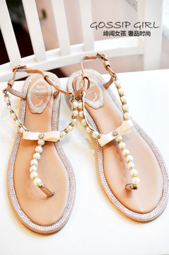 特价夏季新款女鞋 欧美时尚真皮珍珠夹趾凉鞋  平底罗马鞋 孕妇鞋