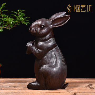 黑檀木雕兔子摆件招财实木质动物生肖兔家居客厅装饰品红木工艺品