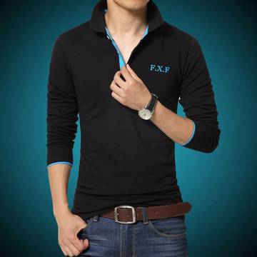 2015新款韩版修身长袖T恤男装加绒男士打底衫男休闲翻领男装潮