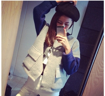 2015春季新款韩国百搭时尚拼色毛衣外套口袋棒球式开衫毛衣女