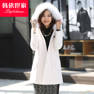 2015冬装韩版修女装身连帽毛呢外套中长款呢子大衣女貂毛毛领风衣
